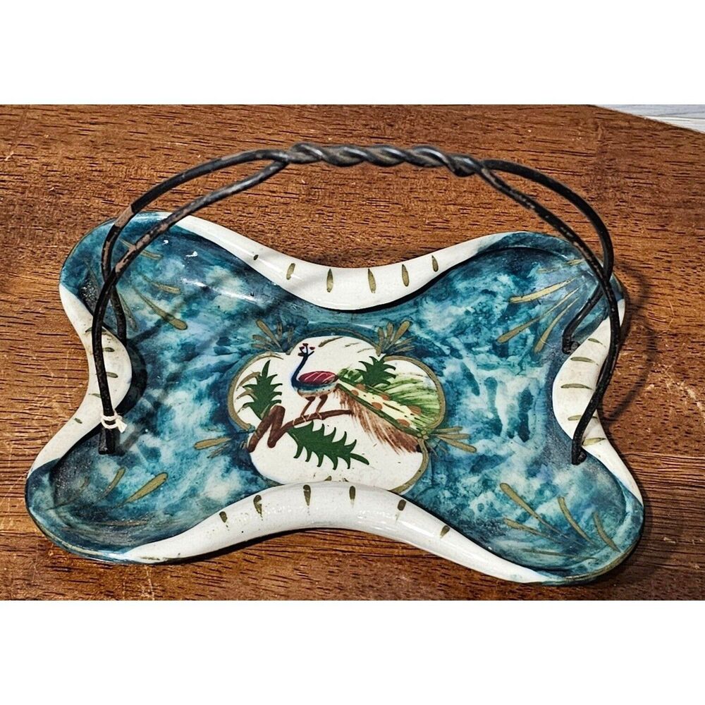 Vintage Hand Painted Ceramic Peacock Dish with Wire Handle Trinket